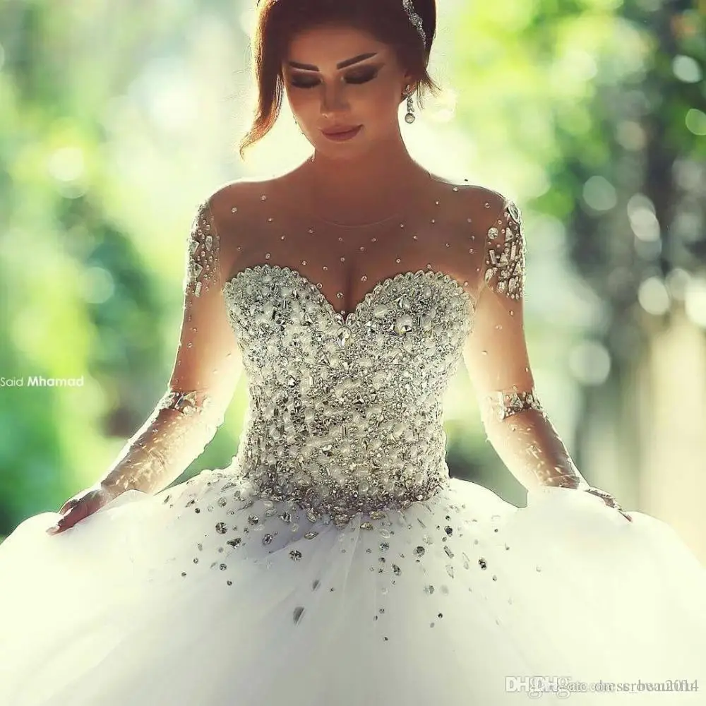 

2018 Luxury Crystals Long Sleeves Ball Gowns Rhinestones Arabic bridal Gown Sheer Crew Neck vestido de noiva Wedding Dresses