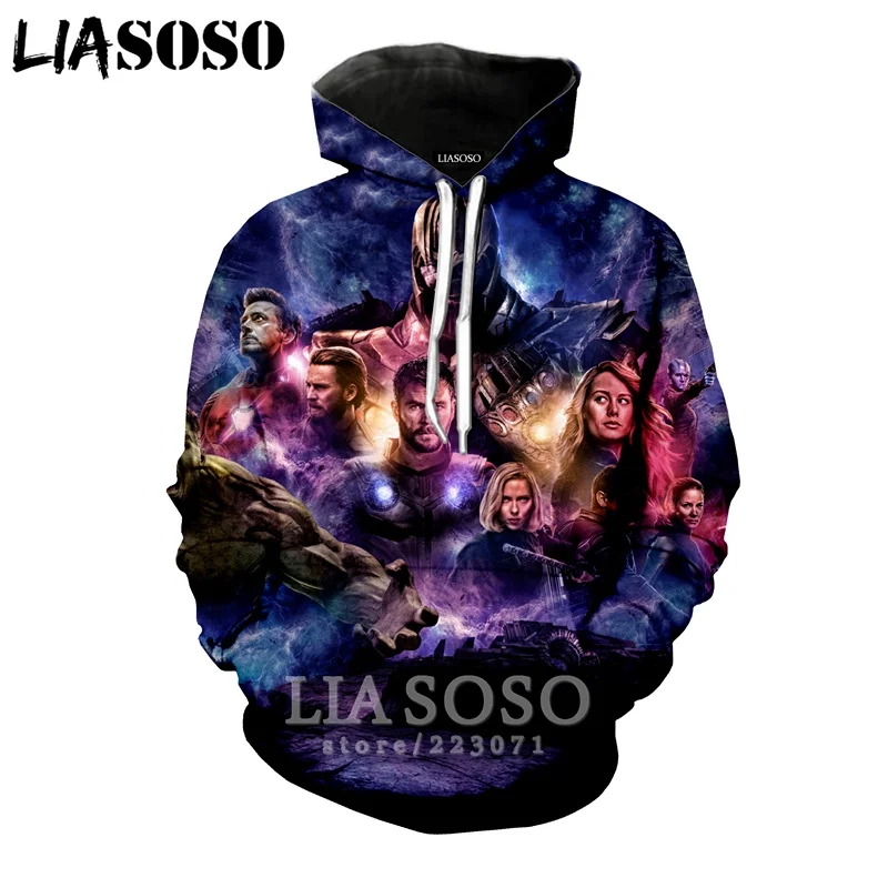 LIASOSO 2019 Winter New Men Women Sweatshirt 3D Print Latest Movie Avengers Endgame Hoodie Long Sleeve Casual Pullover B008-04
