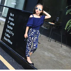 2019 summer girl two-piece set suit wear Retro Blue off-the-shoulder strap Sling Chiffon floral pants for kids girl 2019 summer girl two-piece set suit wear Retro Blue off-the-shoulder strap Sling Chiffon floral pants for kids girl