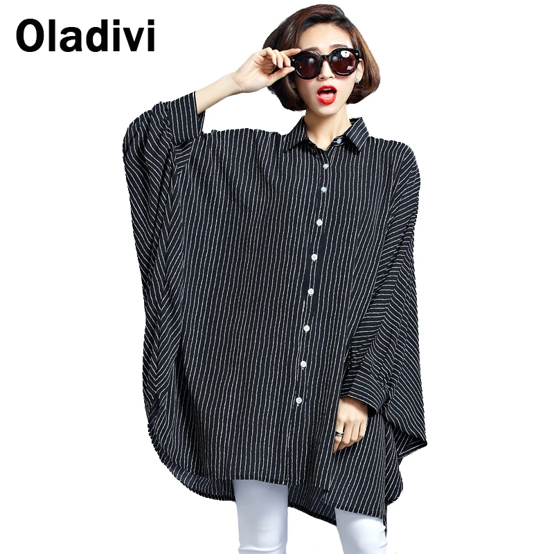  Oladivi Oversized Shirt Women Large Size Top Striped Blouses 2019 Spring New Tees Tunic Plus Size C