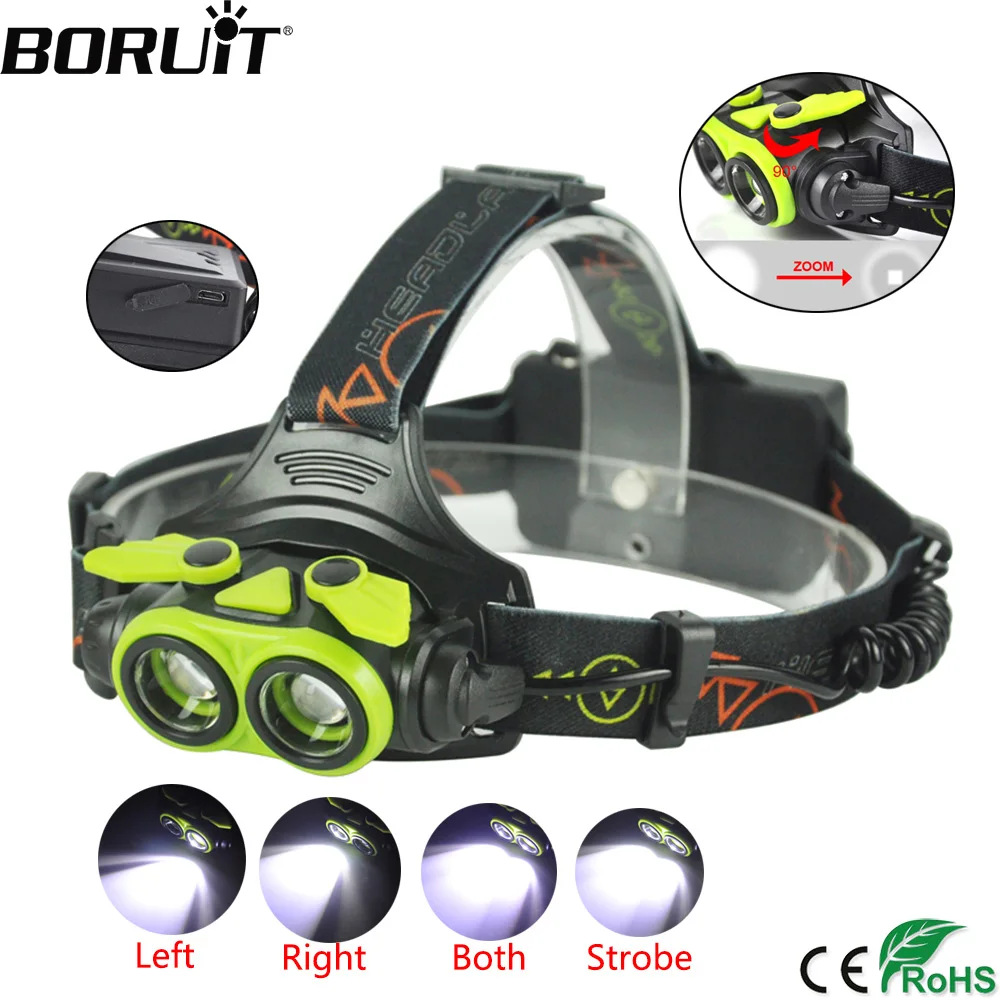 

BORUiT XM-L2 LED Headlight 4 Modes Zoomable Headlamp USB Charger Flashlight Camping Fishing Head Torch by 18650 Battery