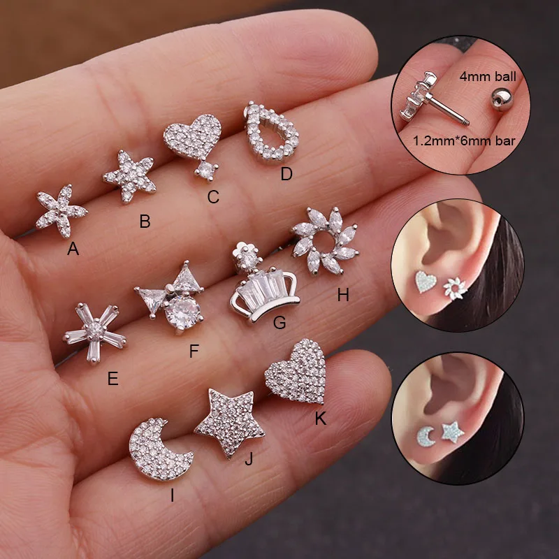

Feelgood Heart Star Crown Flower Cz Dainty Stud Earring Helix Piercing Jewelry Tragus Conch Snug Lobe Cartilage Earring Stud