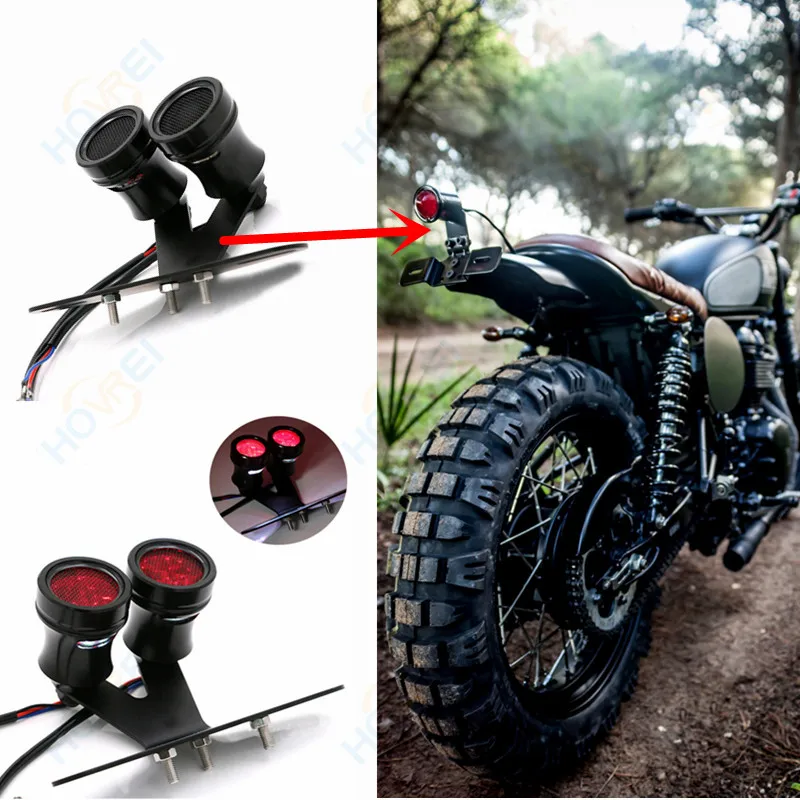 

new Universal retro Motorcycle mesh LED Taillight Double Scooter Rear Stop Brake Lamps With License Plate Mounting Bracket