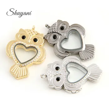 

10PCS!! Fashion Alloy Owl Shape Floating Locket Charm Crystal Heart Living Memory Glass Floating Locket Pendant