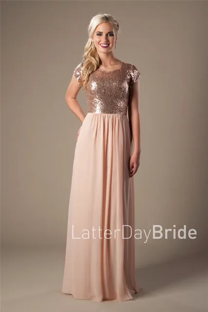 Rose Gold Chiffon Sequins Long Modest Bridesmaid Dresses 2017 Cap ...
