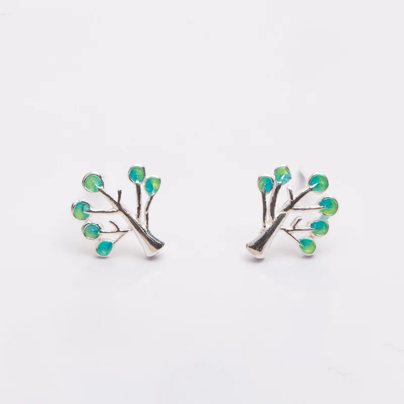wish tree drop glaze earring 100% 925 Sterling silver Jewelry fashion Hypoallergenic Stud earrings for women girl gift
