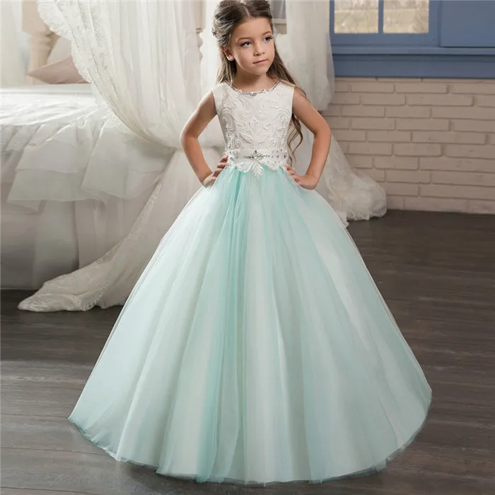 

2018 Sky Blue Lace Flower Girl Dresses Illusion O Neck with Sash Girls Party Birthday Dresses Pageant Dress Free Shipping