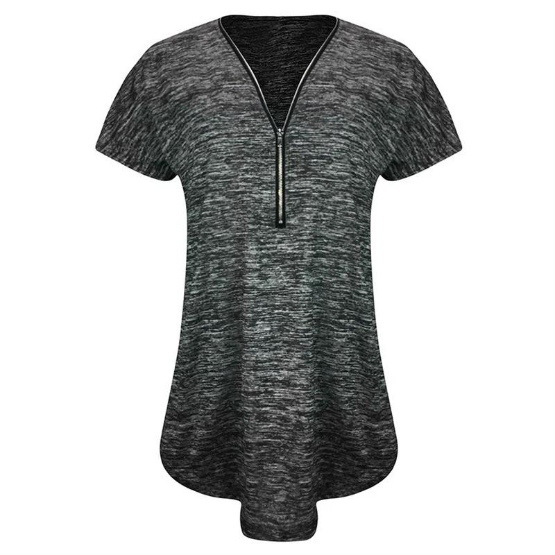 Puimentiua, женская футболка с коротким рукавом, весна-лето, повседневные футболки на молнии с v-образным вырезом,, Женская туника, топ, одежда, Camiseta Mujer - Цвет: Gray