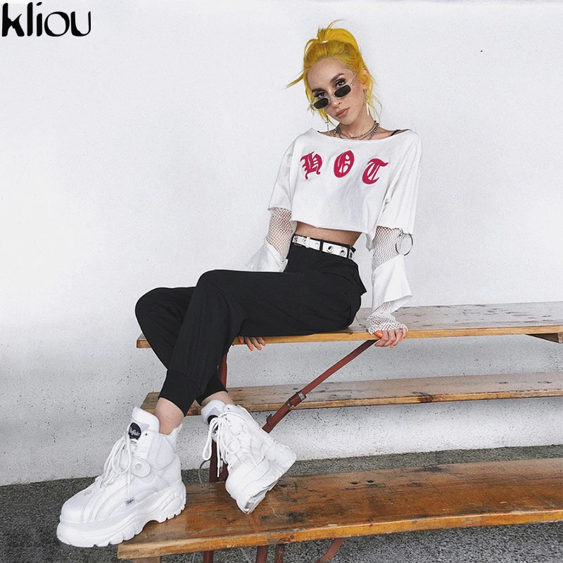 

Kliou 2018 Crop Top Sexy Off Shoulder Long Sleeve O-Neck Mini Tops Tee Summer Casual Hollow Out Cropped Pullovers Female Tops