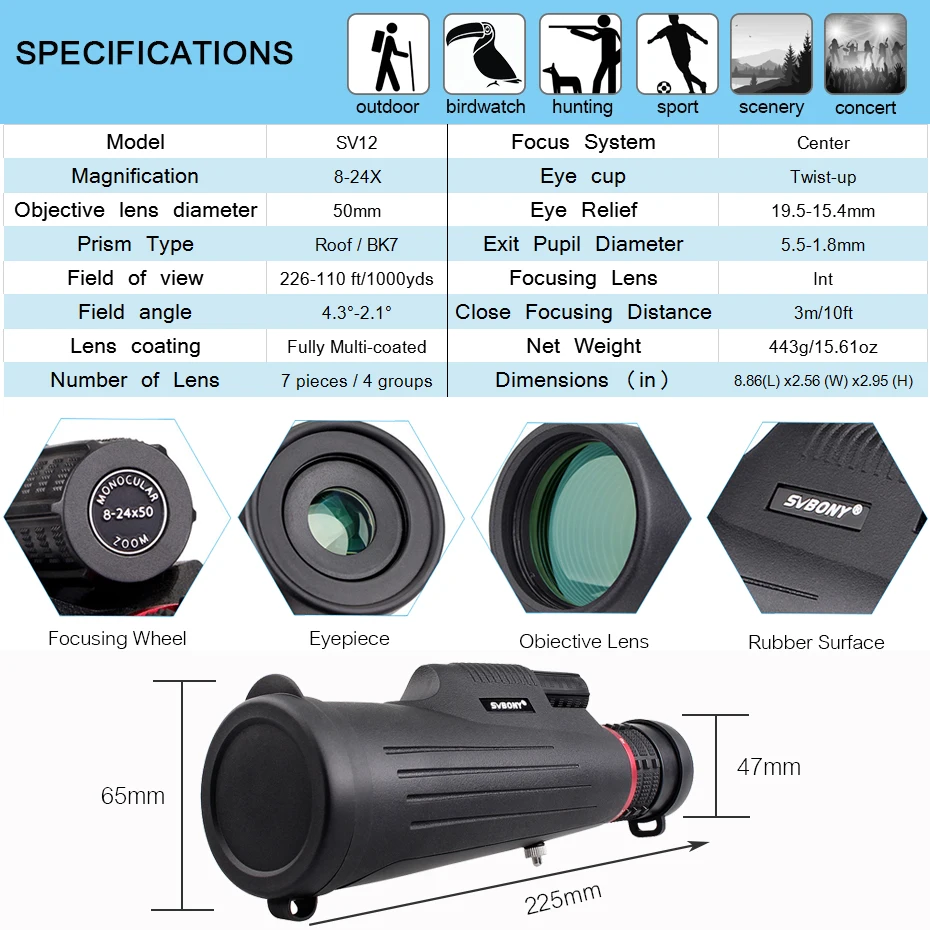 Cena SVBONY 8 24x50 Powiększenie monokularowy wysokiej powiększenie FMC szklany obiektyw HD lornetki teleskop do polowania piesze wycieczki Camping F9325A