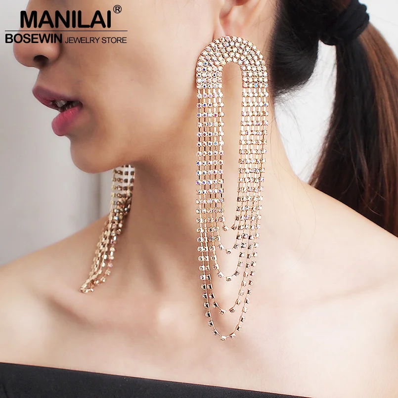 MANILAI Shiny Rhinestone Tassel Earring For Women Statement Long Dangle Earrings Charm Wedding Party Jewelry
