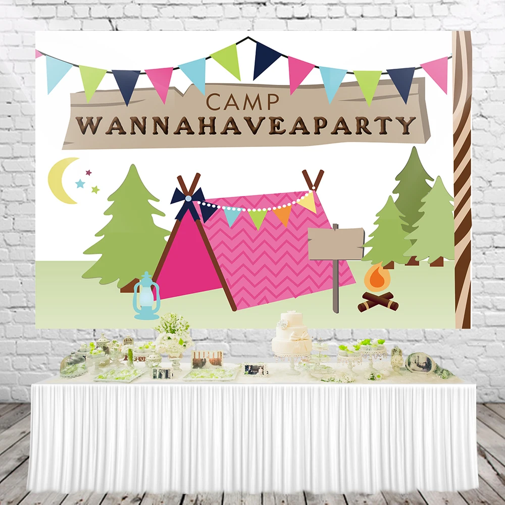 HUAYI Camping Theme Backdrop for Birthday Party Summer Outdoor Tent Campfire Jungle Baby Shower Photoshoot Background w-2073