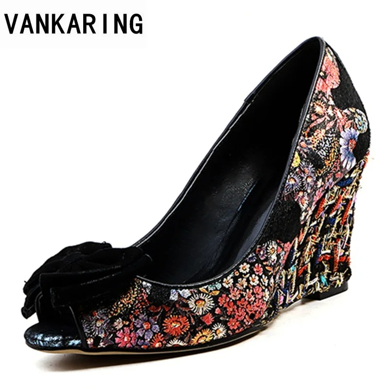 

VANKARING super wedges high heels women pumps new fashion peep toe printing platform shoes woman dress party office ladies pumps