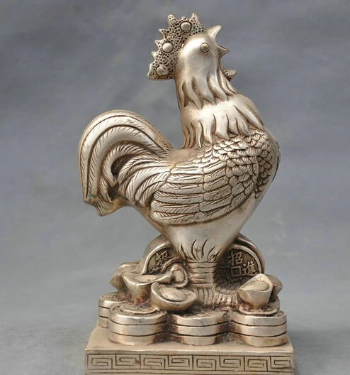 

8" China Silver Bronze Chicken Rooster Ingot Yuanbao Coins Money Wealth Statue R0712 Discount 35%