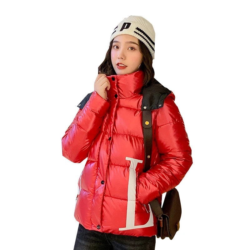 

New 2019 Hooded Red Short Wadded Jackets Women's Winter Warm Down Parkas Letter Print Zipper Loose Glossy Coats Outwear Overcoat