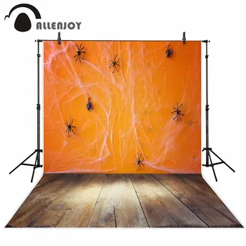

Allenjoy Halloween background spider web orange background wooden floor Photo background for kids photo backdrop funds