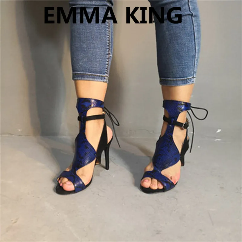 

2019 New Blue Snake Prints Women Gladiator Sandals Open Toe Hollow Lace Up Ladies Summer Slingbacks Shoes Woman Sexy High Heels