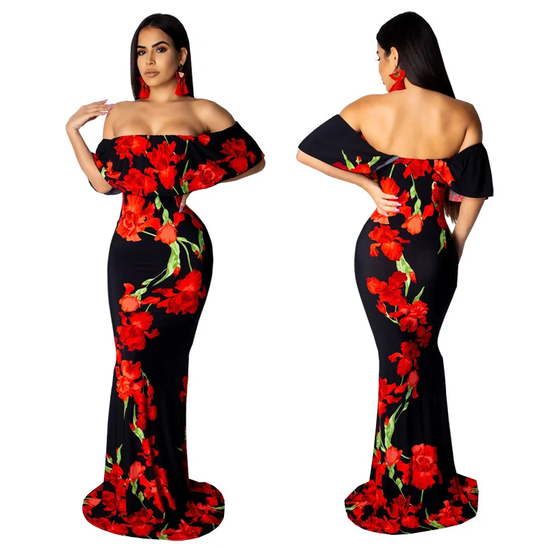 

Women's Tight Fitting European and American Night Club Sexy Hot Digital Floral Printing Slash Neck Strapless Dress