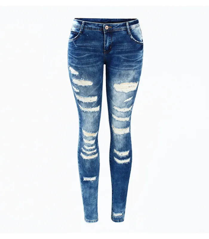 Высокое качество выдалбливают Для женщин джинсовые узкие сильно облегающие джинсы; сезон весна-осень; Синие рваные штаны для маленькой девочки узкие брюки Lu3 35 - Цвет: blue