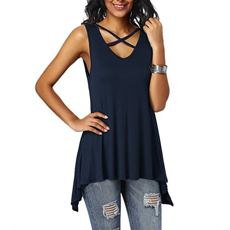 

2019 Summer Sleeveless Tops Women V-Neck Casual Blouses Criss Cross Tops Solid Color Shirt Irregular Loose Tops Camisas Mujer