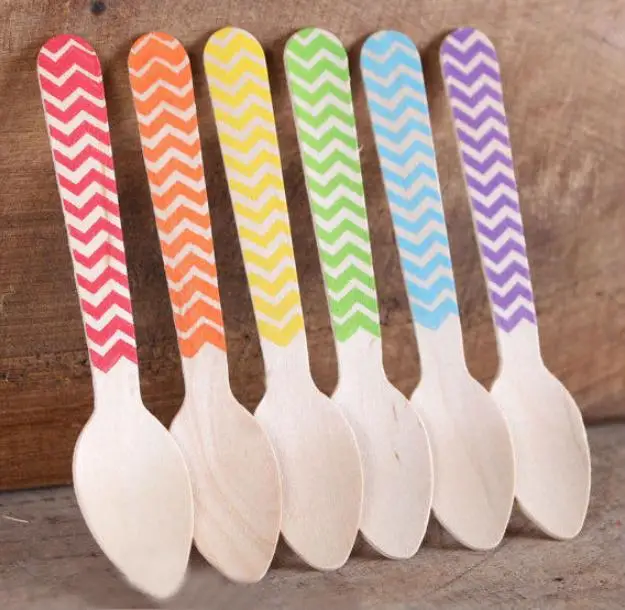 

3000 Customized Chevron Disposable Natural Wooden Spoon 14cm Green Blue Red Disposable Party Wooden cutlery catering SN1491