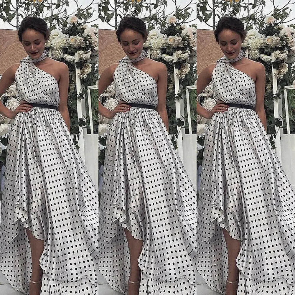 

Women Evening Party Formal Sexy Dress Ladies Summer Dot Halter One Shoulder Irregular Dresses with Waistband