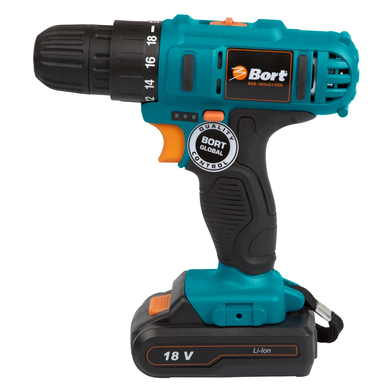Дрель-шуруповерт аккумуляторная Bort BAB-18Ux2Li-FDK (напряжение 18 В, 2 скорости, 2 аккумулятора, Li-Ion батарея, сумка)