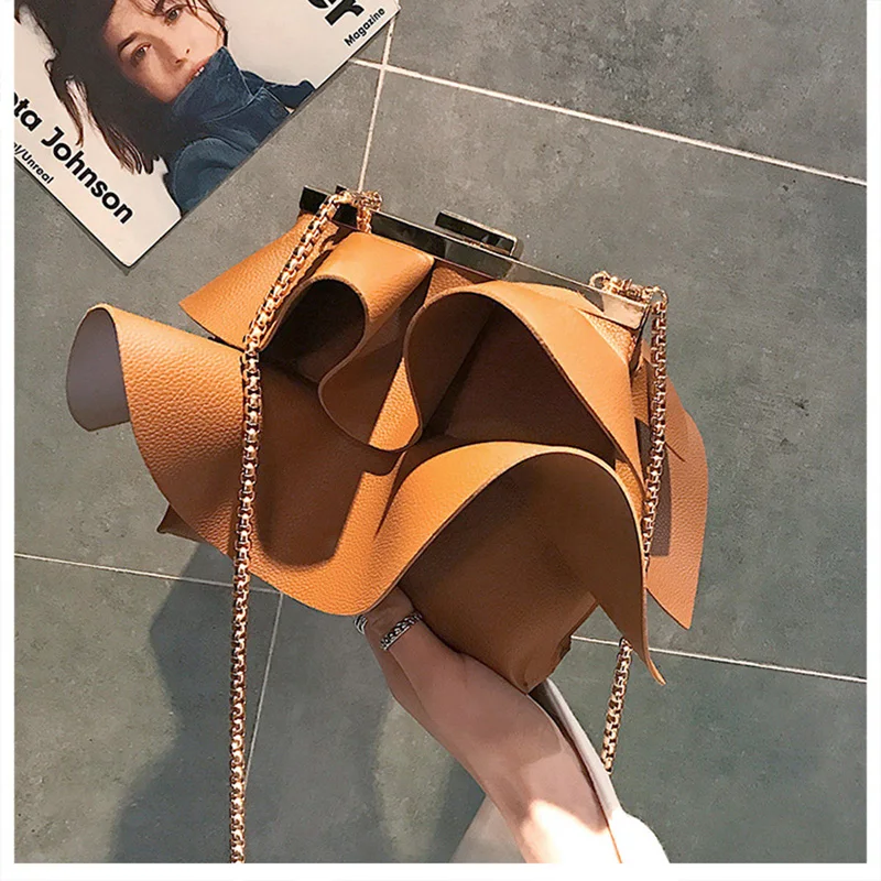 

New Wave Pu Leather Women Bag Small Square Bag Chain Fashion Shoulder Bag Crossbody Bag Ruched Ruffles Lady Style Party Clutch