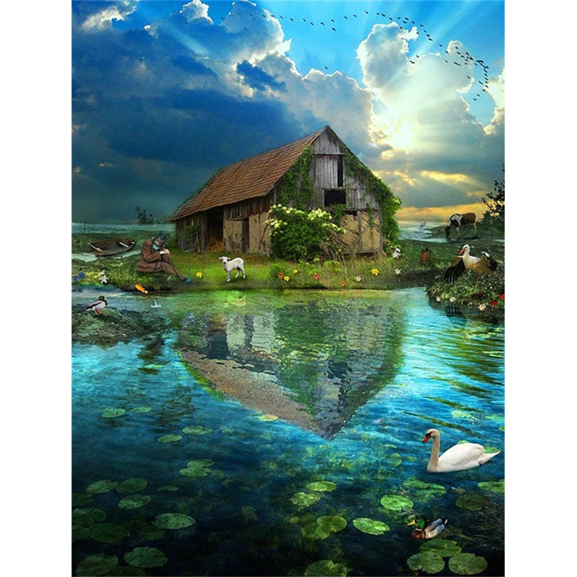 Diamond painting 5d Square drill mosaic Cross Stitch Pasted Decor diamond embroidery Wild house &amp grazing Picture DW200 | Дом и сад