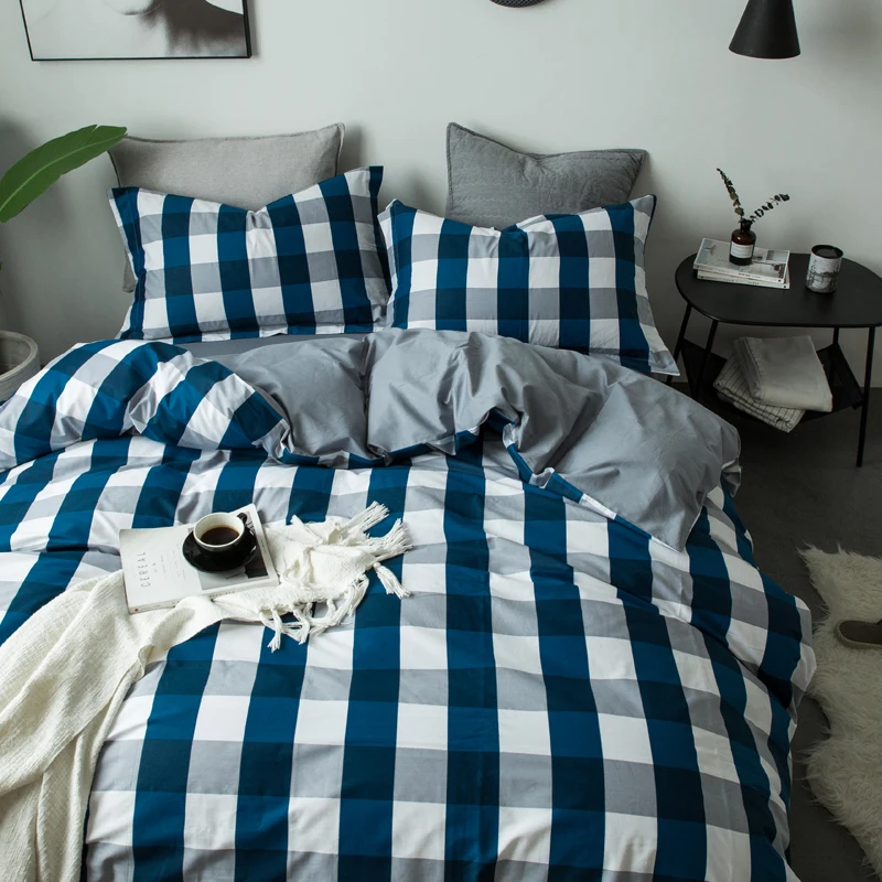 blue plaid 3pcs/4pcs 100 cotton duvet cover flat sheet pillowcase set