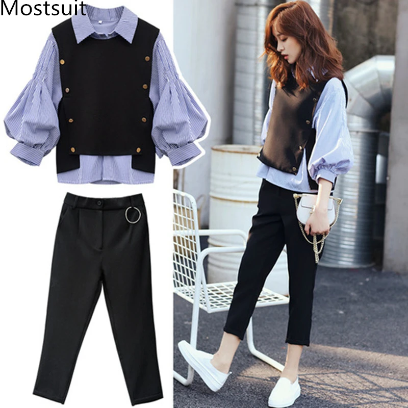 

M-4xl 3 Piece Set Women Vest Striped Shirt And Pants Sets Suits Plus Size Casual Office Ladies Three Piece Sets Women's Clothing