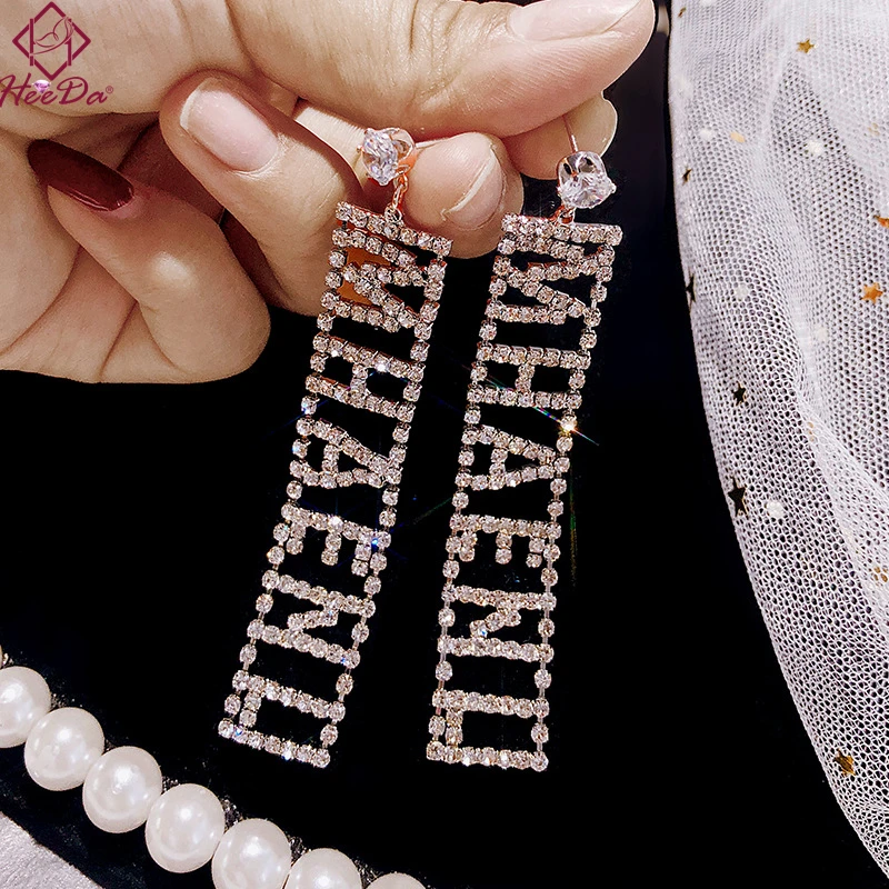

Heeda Japan Korean Fashion Trendy Letter Set Auger Earrings Women Graceful Joker Shiny Luxury Rhinestone Long Party Jewelry 2018