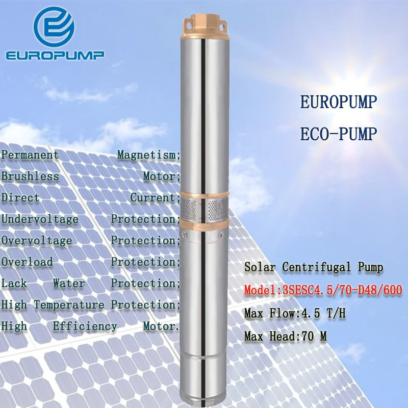 

Модель EUROPUMP (3SESC4.5/70-d48/600) 600 Вт макс. головка 70 м водяной насос центробежный насос 48В на солнечных батареях DC щеточный погружной насос