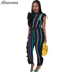 Abasona 2019 женские летние оборки радужные полосатые печатные комбинезоны женский комбинезон без рукавов длинные штаны сексуальный комбинезон