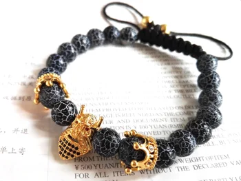 

Ailatu 10pcs/lot Micro Pave Black Cz Sparta Masks Macrame Bracelets with 8mm Weathering Onyx Stone Beads