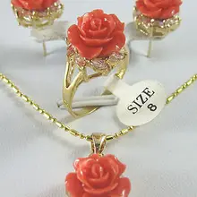Дизайн розовый коралл Жемчужное ожерелье серьги кольцо ювелирный набор натуральный кварц для женщин Свадебные
