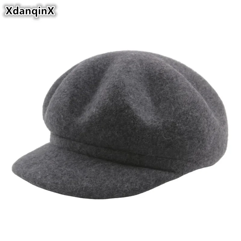 

XdanqinX Women's Autumn Hat 100% Wool Newsboy Caps New Style Warm Thick Beret For Women Elegant Solid Simple Female Winter Hats