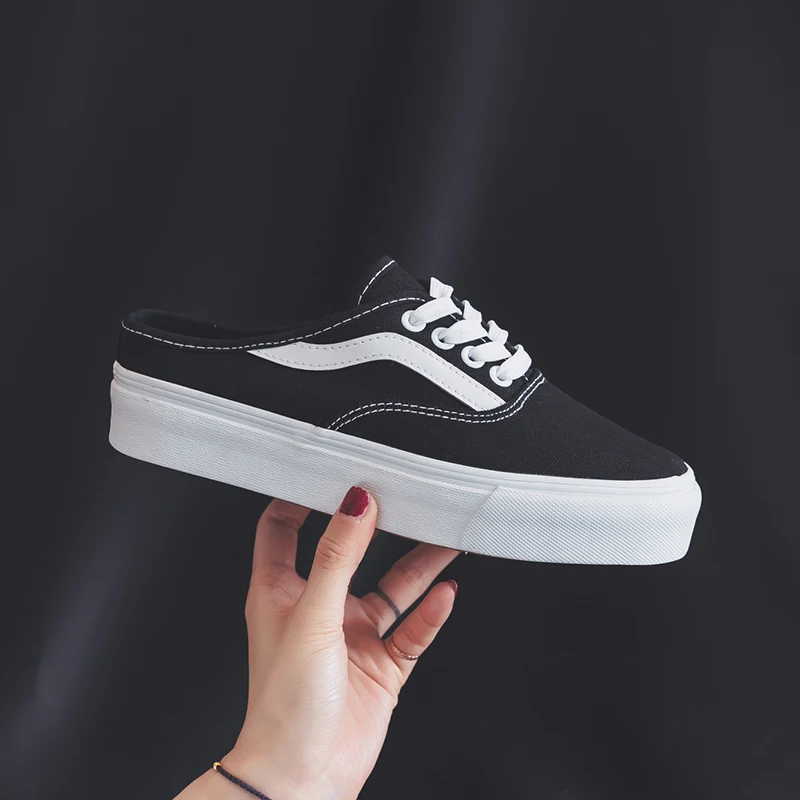 

2018 Summer New Half Drag Women No Heel Canvas Shoes Women's Wild Thick Bottom Increased White Shoes A Pedal