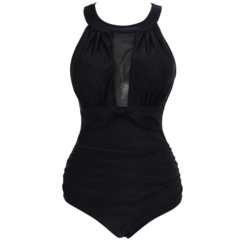 

NIDALEE Women One Piece Plus Size Swimwear Lace Deep V Neck Monokini Bath Suit Mesh Hollow Out Beach Wear Halter Swimsuit