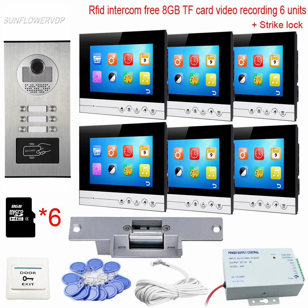 

6 Apartments Video Intercom With Recording 7" Touch Keys Door Phone Monitor With Electronic Door Lock 8GB TF Cards Video Call