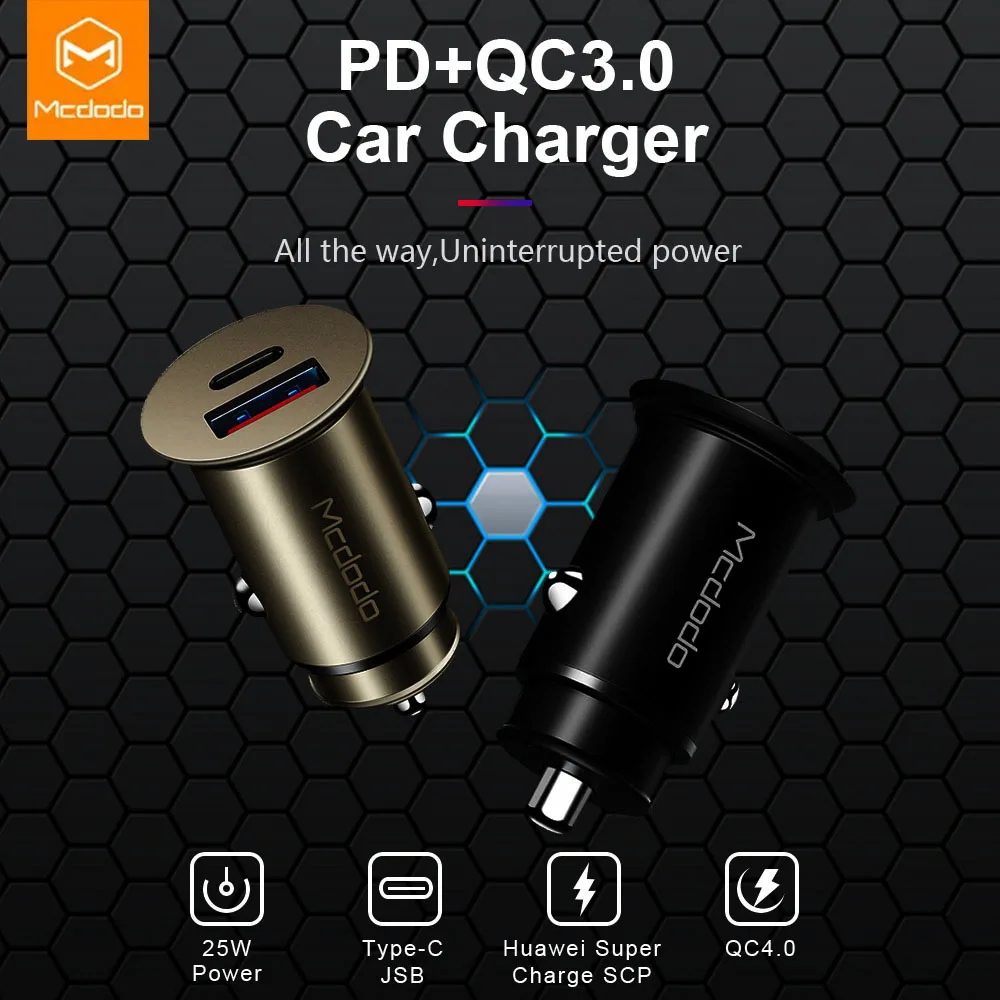 Mcdodo نوع-C PD 25 W شاحن سيارة للهاتف الجوال العالمي 5A سوبر شحن سريع QC 4.0 لهواوي SCP شاحن سيارة USB محول