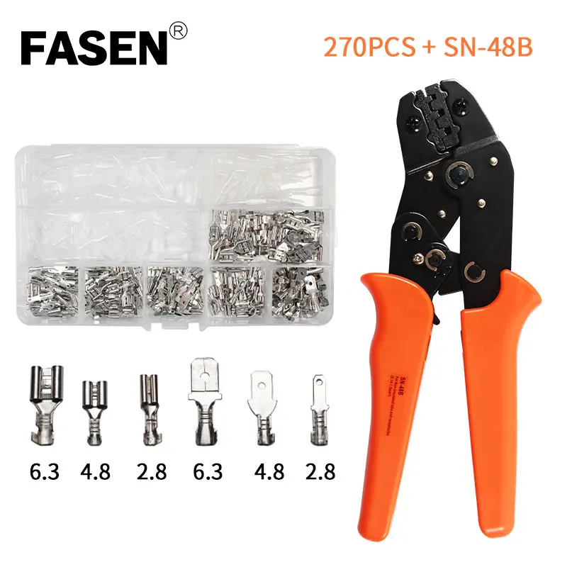 

SN-48B+270pcs plug spring terminals 0.5-1.5mm2 crimping pliers precision jaw with 2.8 4.8 6.3 terminals sets crimping tools