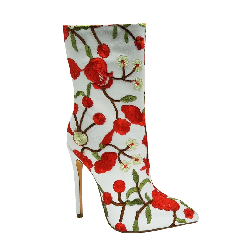 

2019 fashion high heel long boots for woman party wedding air mesh Printed flowers boots plus size shoes