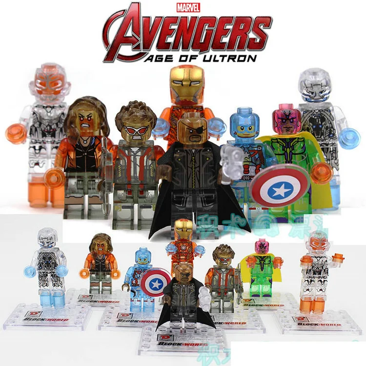 

8pcs Crystal Translucent Iron Man Vision Nick Mark Scarlet Wanda Ultron Super Heroes Avengers Action Figure Blocks Minifig Toys