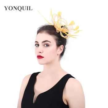

2020 women yellow sinamay flower Fascinator with feather ladies hair accessories wedding Hair clips party floral headband SYF398