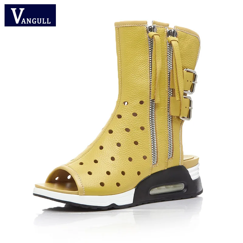 

New Fashion Real Leather Women Summer Boots Flat With Peep Toe Buckle Zipper Women Sandals Hole shoes Ladies Casual Shoes