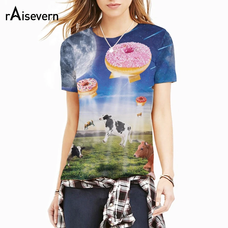 

Raisevern New Funny Donut UFO T Shirt 3D Cute Animal Cow Design T-shirt Men Women Unisex Tee Top Summer Style Shirts