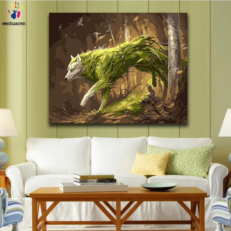 

Diy paint by numbers picture paintings by numbers with kits Green Wolf Exaggerated Bedroom decorative hanging painting gift