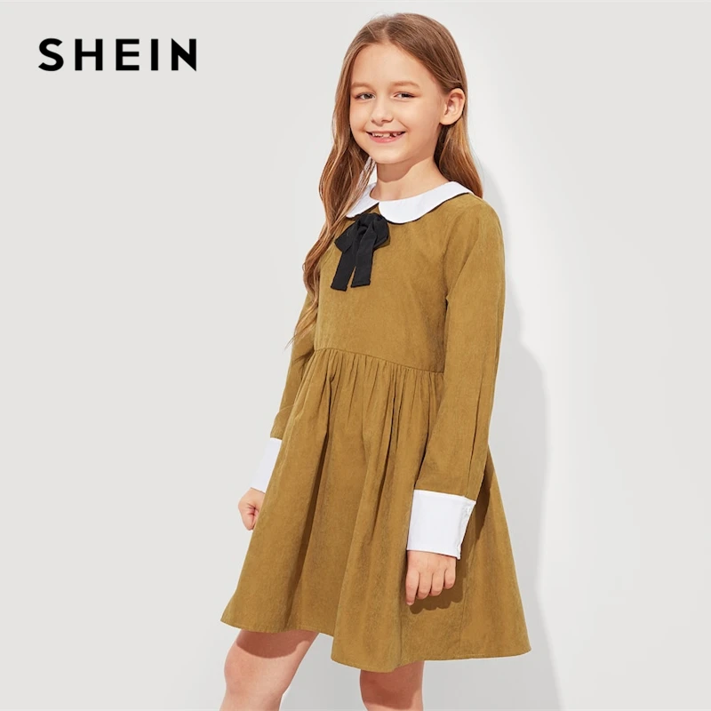 SHEIN Kids/коричневое платье для девочек с контрастным воротником и бантом спереди; консервативное платье; детская одежда; коллекция года; весенние повседневные платья для девочек с длинными рукавами на молнии