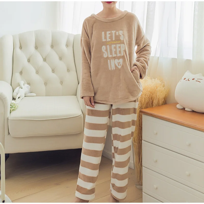 Two Piece Plus Size Winter Sleepwear Women Pajamas Nightgown Big Size Letter Kawaii Home Warm Clothes Female Nightdress